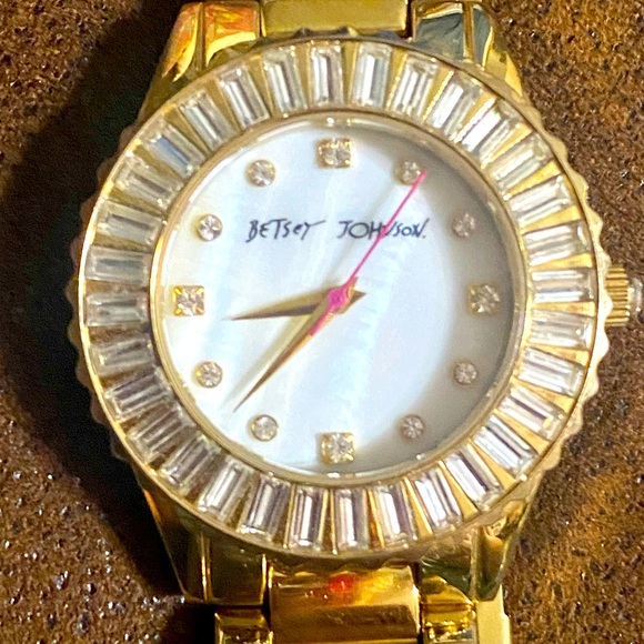 Betsey Johnson Gold and Crystal Baguette Watch